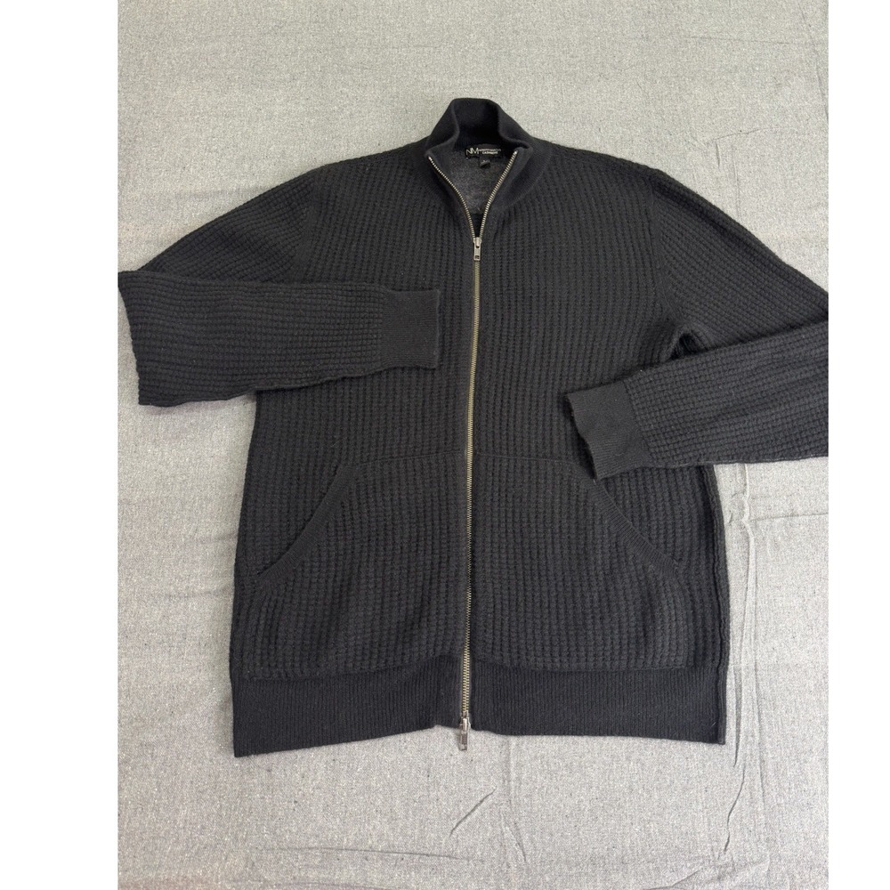 Neiman Marcus Cashmere Mens Black Waffle Knit Full Zip Mock Neck Sweater L
